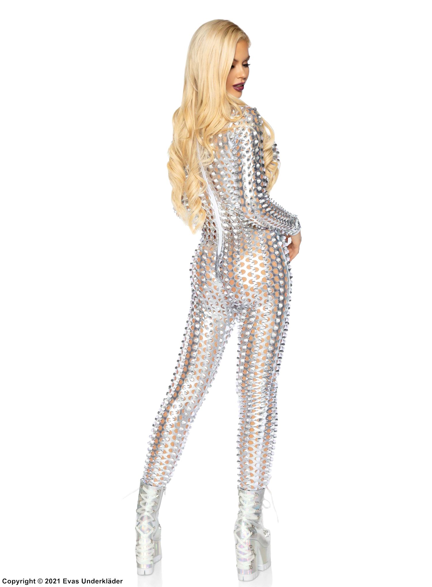Kostüm-Catsuit, Metallic-Nylon, Reißverschluss, lange Ärmel, lasergeschnittene Kreise